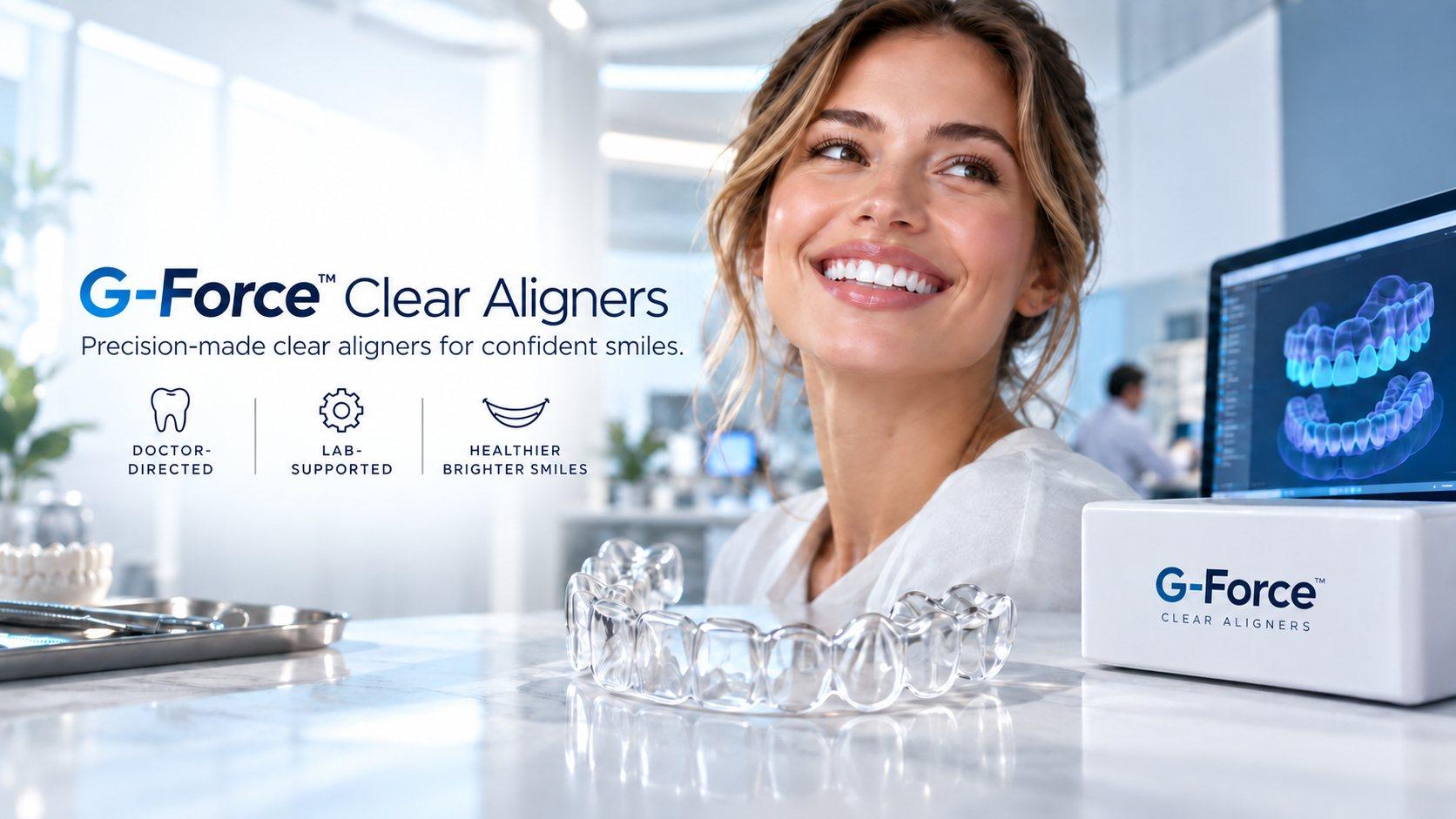 G-Force Clear Aligners — a patient smiling beside a clear aligner, a G-Force box and a digital setup on screen